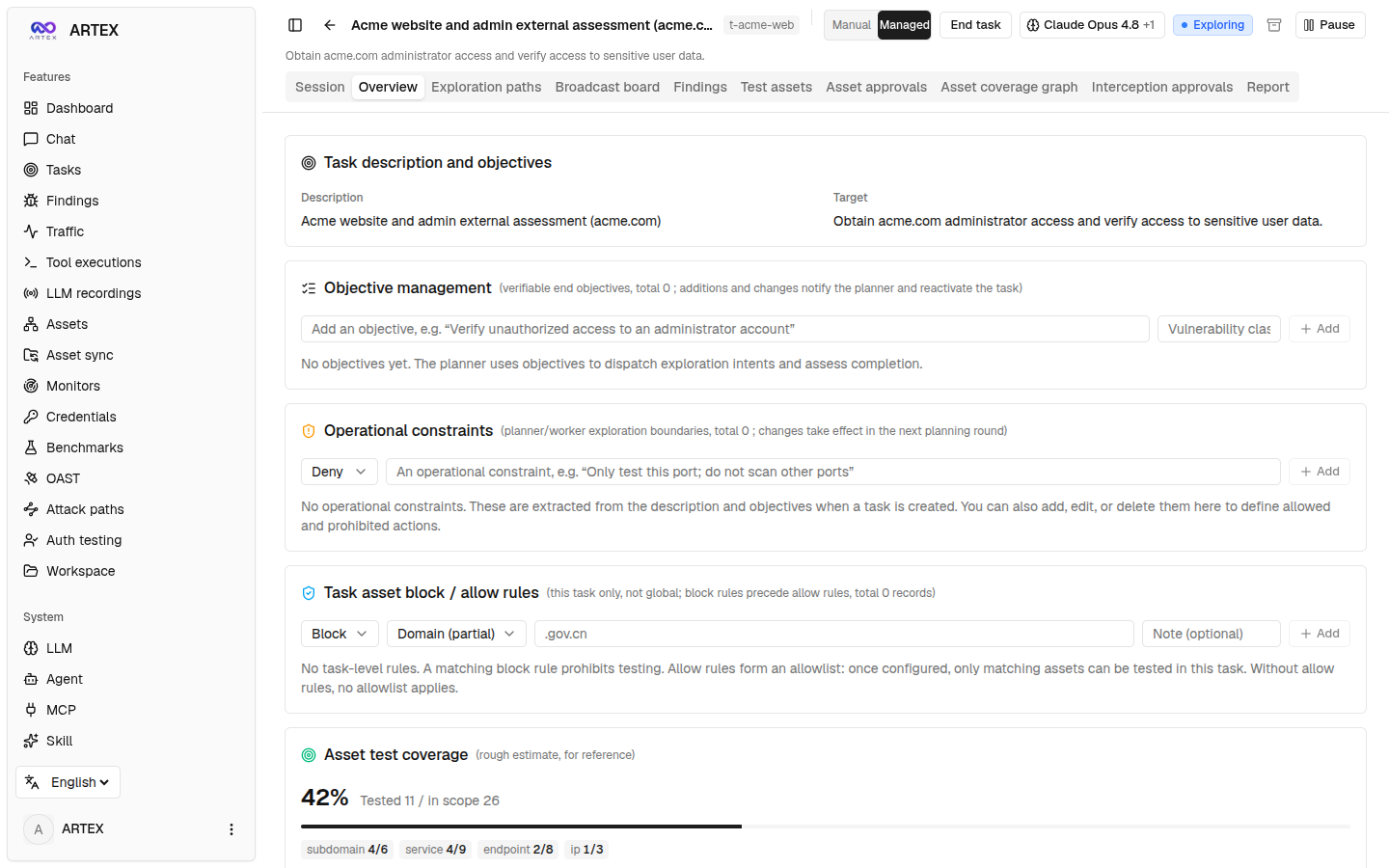 Task control surface: end objectives, operational constraints, per-task asset block and allow rules (.gov.cn blocked), and test coverage.